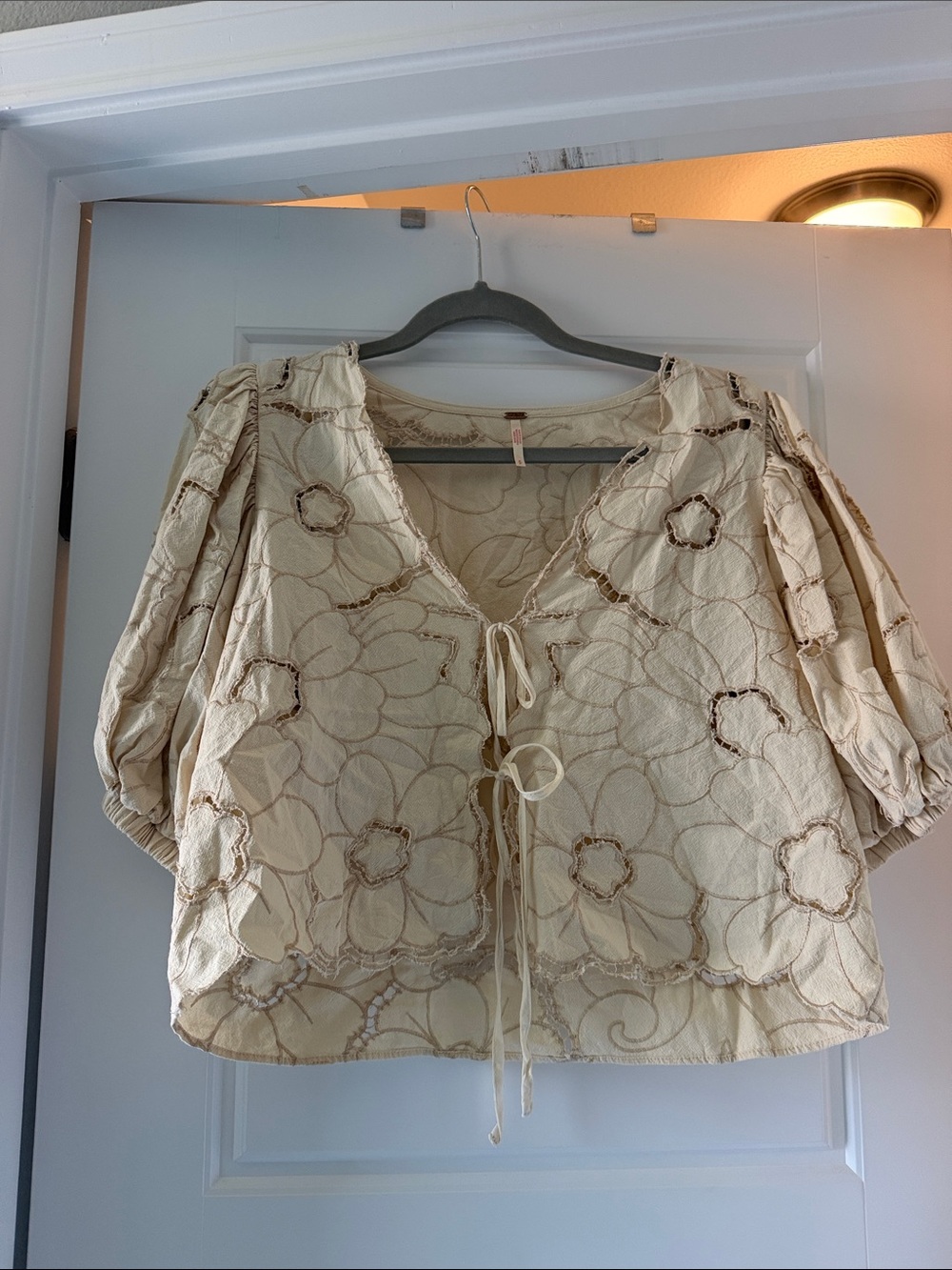 Free People Cream Embroidered Floral Tie-Front Blouse